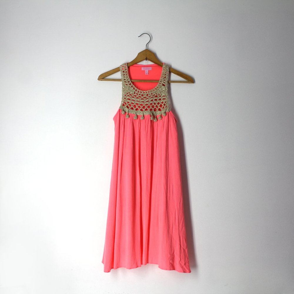 Lilly Pulitzer lightweight gauze summer dress gold crochet neckline pom-pom XS
